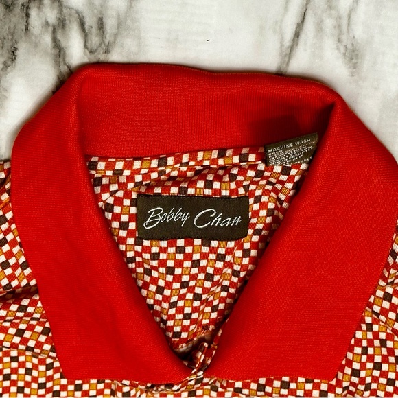 Bobbie Chan Mens Sz XXL Silk Blend Golf Polo Shirt Orange Check Blokecore Gramps - Picture 8 of 10